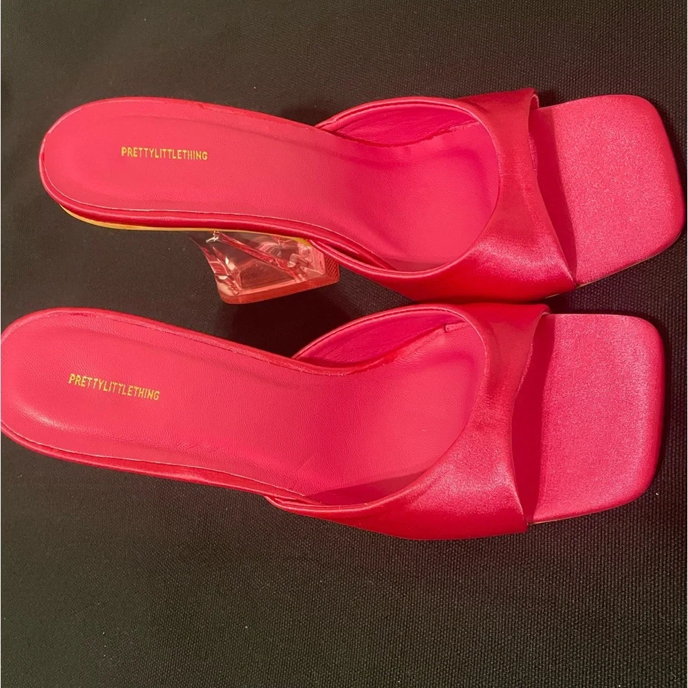 PRETTYLITTLETHING Pink Satin Square Toe Flare Heeled Mule - Picture 4 of 8